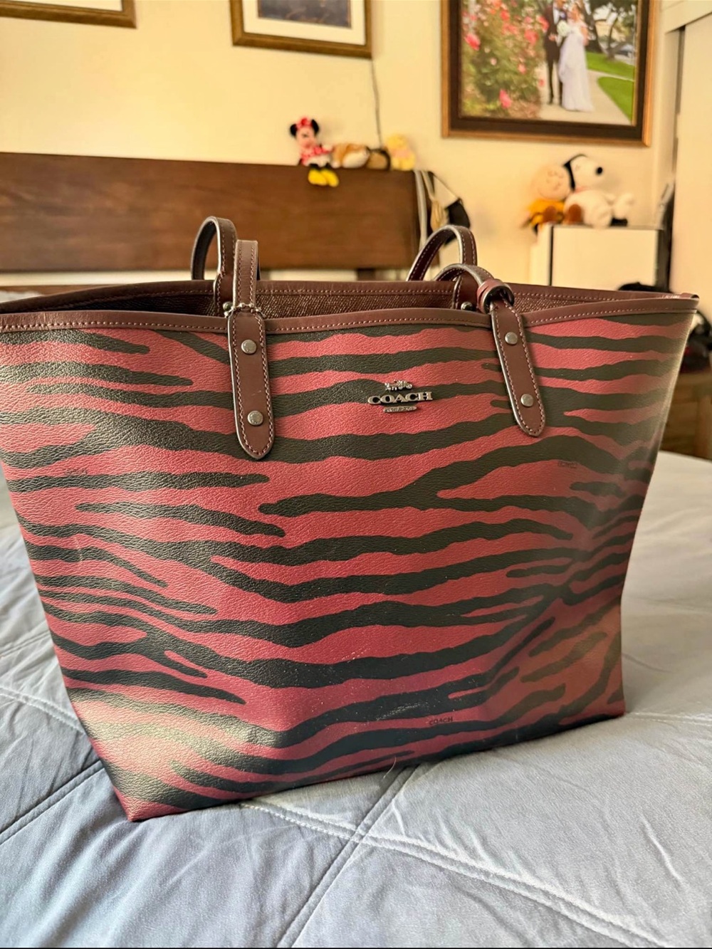 COACH Red and Black Zebra-Print Leather Tote